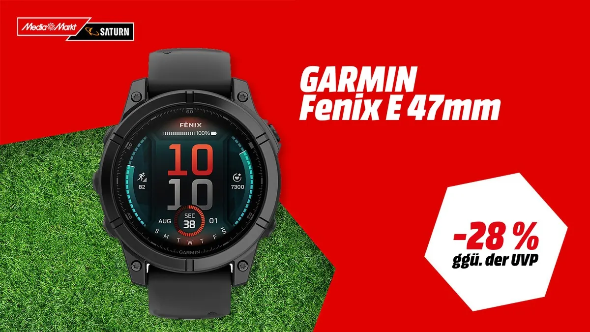 GARMIN Fenix E 47 mm AMOLED Smartwatch in Schwarz/Schiefergrau mit Silikonarmband — WM-Angebot bei MediaMarkt