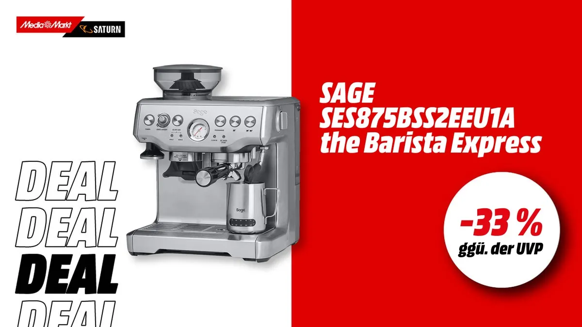 Sage SES875BSS2EEU1A the Barista Express Espressomaschine in Silber – jetzt mit -33 % (ggü. der UVP) reduziert.