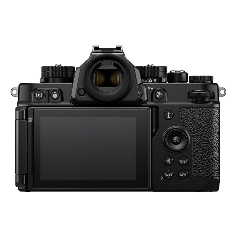 Nikon Z f Systemkamera in Schwarz, Rückansicht mit ausgeklapptem Display und Sucher. 24,5-MP-Vollformatsensor mit EXPEED 7 für detailreiche Fotos und 4K-Video.