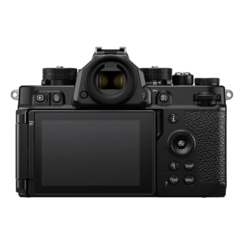 NIKON Z f Gehäuse Systemkamera, 8 cm Display Touchscreen, WLAN Nikon Z f Systemkamera in Schwarz, Rückansicht mit ausgeklapptem Display und Sucher. 24,5-MP-Vollformatsensor mit EXPEED 7 für detailreiche Fotos und 4K-Video.