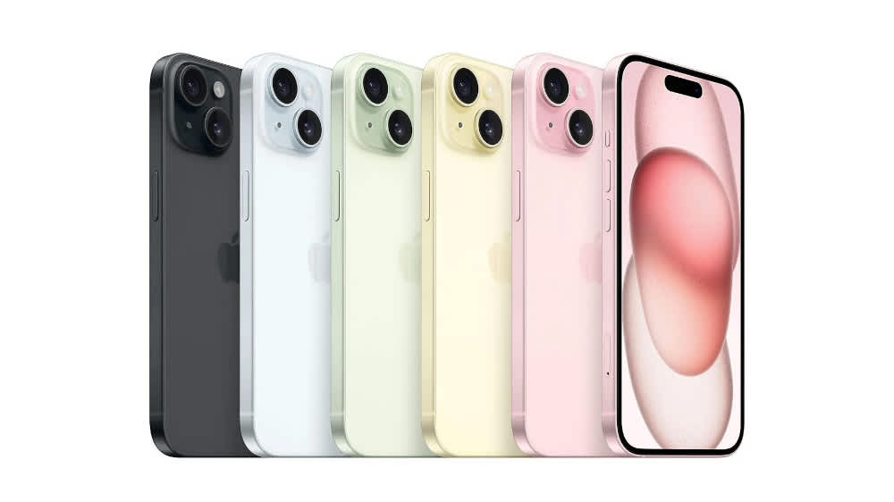 Die Rückseiten von fünf iPhone 15 in den Farben Schwarz, Blau, Grün, Gelb und Rosé.