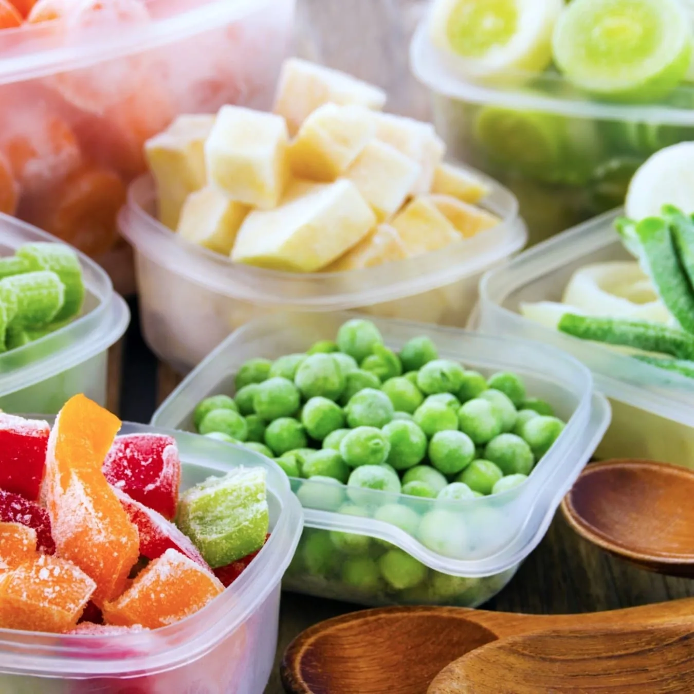 Gefrorenes Gemüse und Obst in durchsichtigen Behältern, darunter Erbsen, Paprika und Zucchini, auf einem Holztisch mit Holzlöffeln.