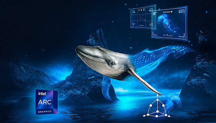 Ein Wal schwimmt im Wasser, umgeben von blauen Grafikelementen und dem Intel Arc-Logo. Zwei Bildschirme zeigen Unterwasseraufnahmen.