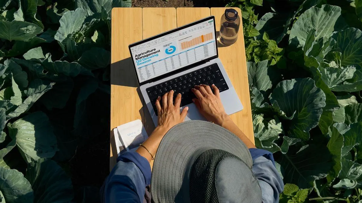 Ein Mann arbeitet auf einem MacBook Pro 14" M4 an einem Tisch in einem Gemüsebeet.