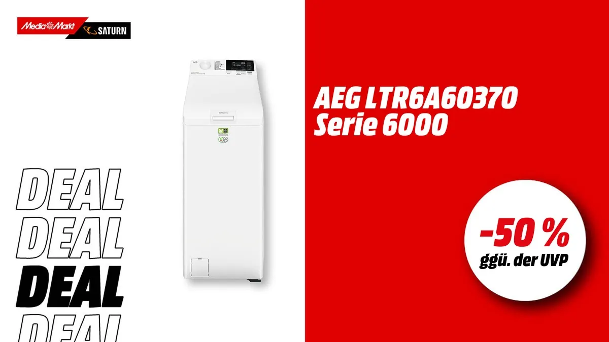 AEG LTR6A60370 Waschmaschine Serie 6000 in Frontansicht – aktuell mit -50 % (ggü. der UVP) reduziert
