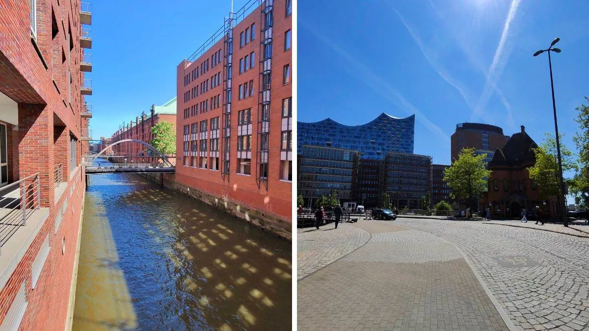 Zwei Stadtansichten: links rote Backsteingebäude mit Kanal und Brücke, rechts Elbphilharmonie und Straßenpflaster.