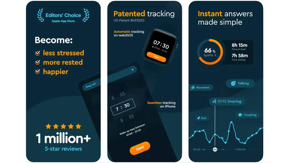 Drei App-Screenshots zeigen Funktionen zum Schlaftracking: Stressreduktion, patentierte Überwachung und sofortige Antworten. Daten von iPhone und Uhr.