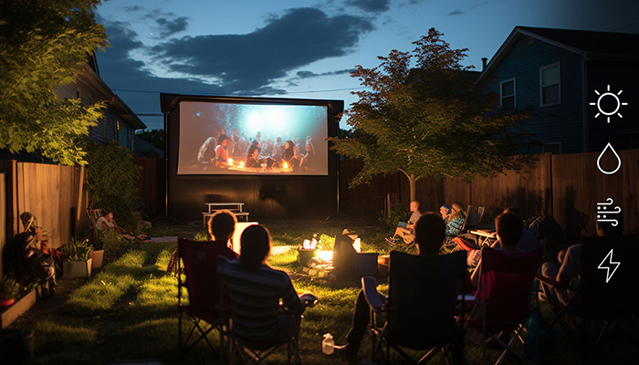 Outdoor-Kinoabend im Garten: Menschen sitzen um Feuerstelle vor großer Leinwand. Gemütliche Atmosphäre in der Dämmerung mit Bäumen.