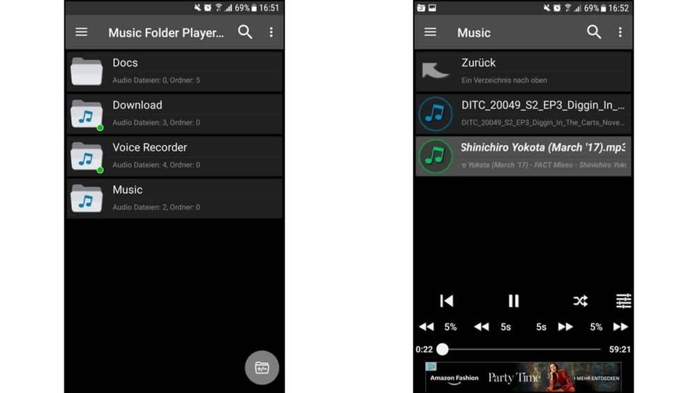 Zwei Screenshots des Music Folder Player auf einem Android-Gerät.