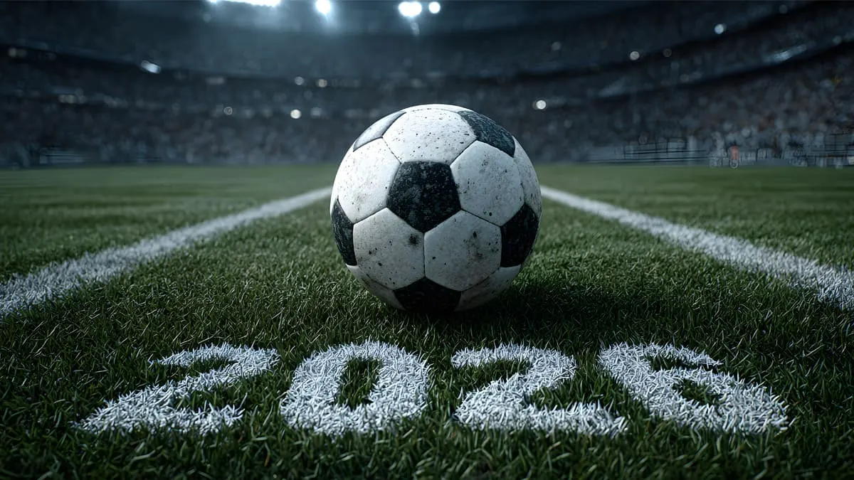 Ein Fußball auf einem Fußballfeld, auf dem die Zahle 2026 steht. Das Station ist im Hintergrund zu sehen.