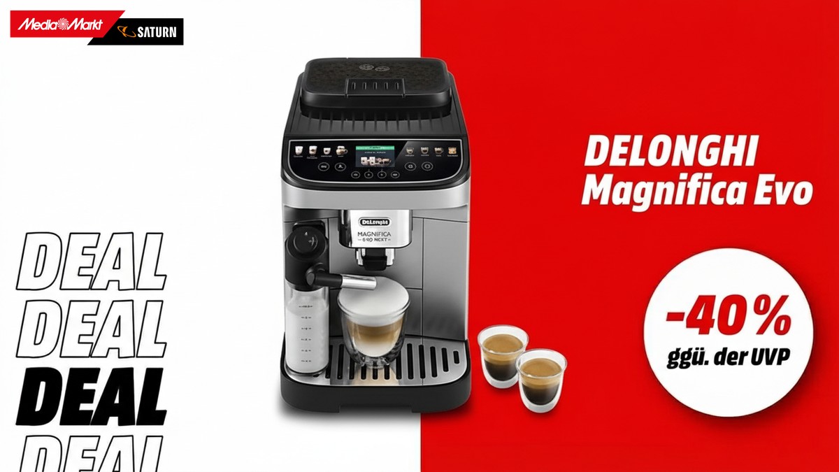 Der Delonghi Magnifica Evo Kaffeevollautomat und Hinweis auf 40 Prozent Rabatt gegenüber der UVP auf weiß-rotem Hintergrund.