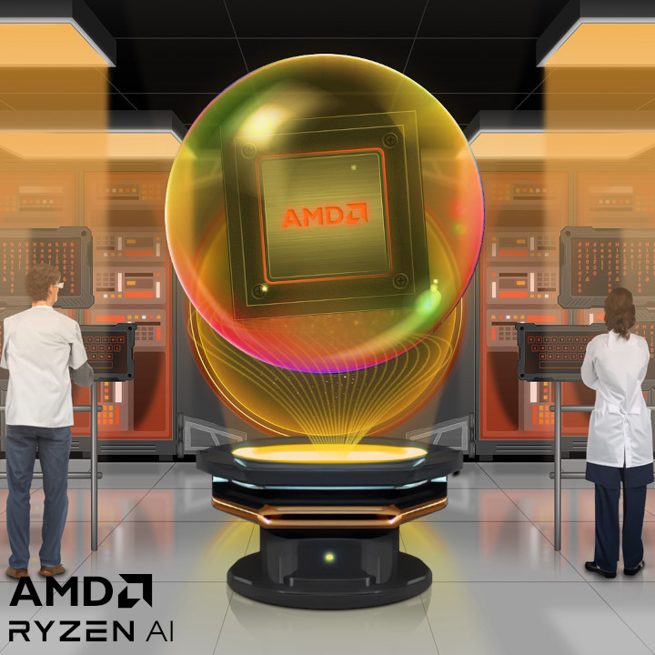 Ein AMD-Chip in einer Kugel über einer Plattform, umgeben von zwei Personen in einem Serverraum mit AMD Ryzen AI-Logo.