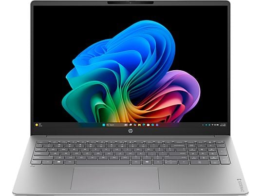 Grauer HP-Laptop mit großem Display, schwarzem Hintergrund und farbenfroher abstrakter Grafik, dazu Tastatur mit Ziffernblock.