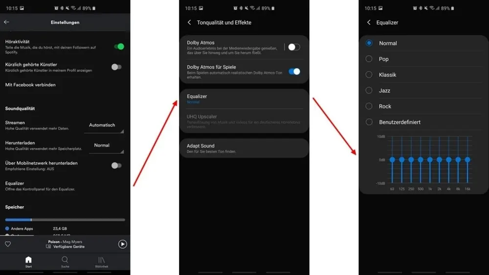 Drei Screenshots von Spotify-Einstellungen: Hörqualität, Effekte und Equalizer-Optionen auf einem dunklen Bildschirm.