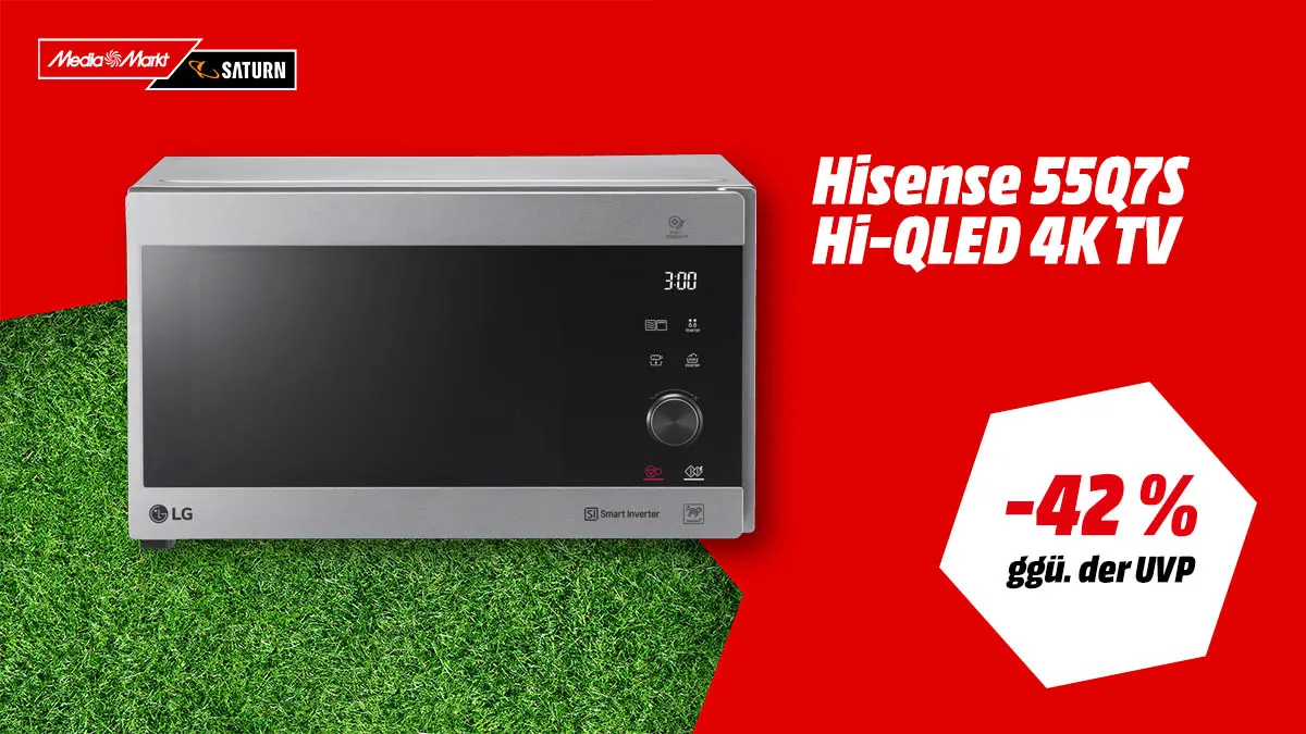 Die LG Mikrowelle und Hinweis auf 42 Prozent gegenüber der UVP auf weiß-rotem Hintergrund.