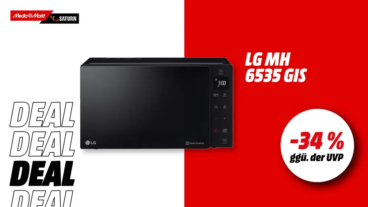 Die LG Mikrowelle und Hinweis auf 34 Prozent gegenüber der UVP auf weiß-rotem Hintergrund.