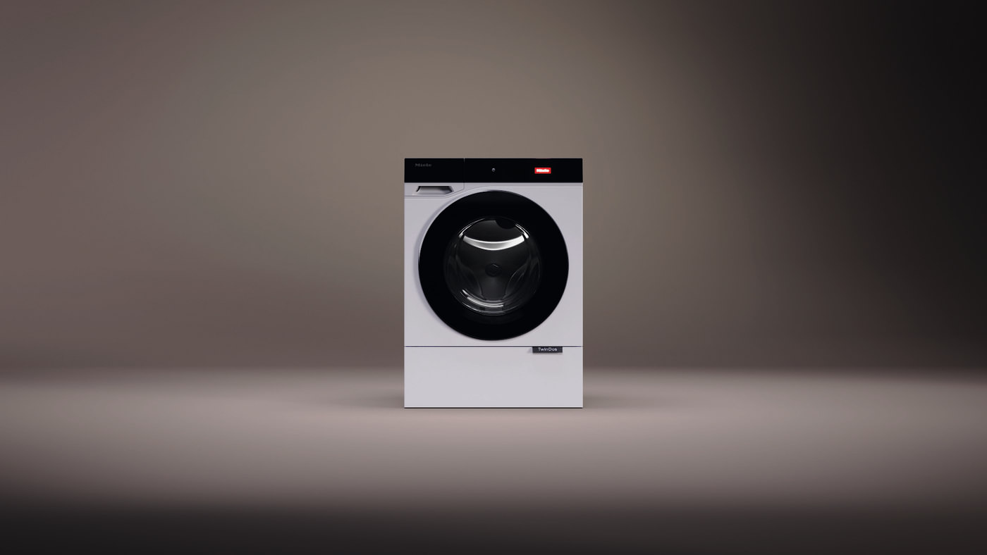 Eine Waschmaschine mit einer schwarzen Tür und einer roten Anzeige steht vor einem grauen Hintergrund.