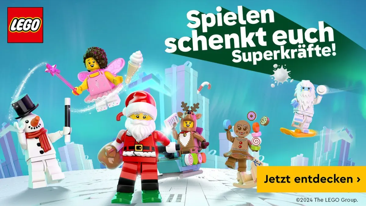 Lego-Werbung mit Figuren: Weihnachtsmann, Fee, Schneemann, Rentier, Lebkuchenmann und Yeti vor blauem Hintergrund mit Geschenken.