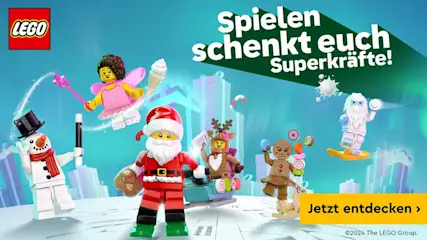 Lego-Werbung mit Figuren: Weihnachtsmann, Fee, Schneemann, Rentier, Lebkuchenmann und Yeti vor blauem Hintergrund mit Geschenken.