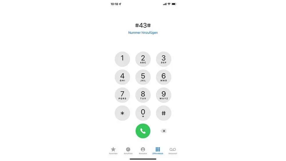 Handy-Display mit weißem Hintergrund, das ein Tastenfeld mit Ziffern von 1 bis 9, Sternchen, 0 und Raute anzeigt. Darunter befindet sich ein grüner Anrufknopf.