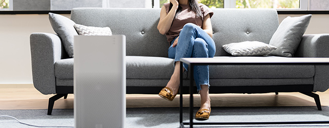 Frau sitzt auf grauem Sofa, telefoniert. Vorne Luftreiniger und Tisch. Fenster im Hintergrund.