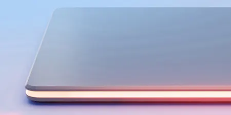 Abstrakte Ansicht eines flachen, rechteckigen Objekts mit abgerundeten Kanten auf blauem bis violettem Hintergrund.