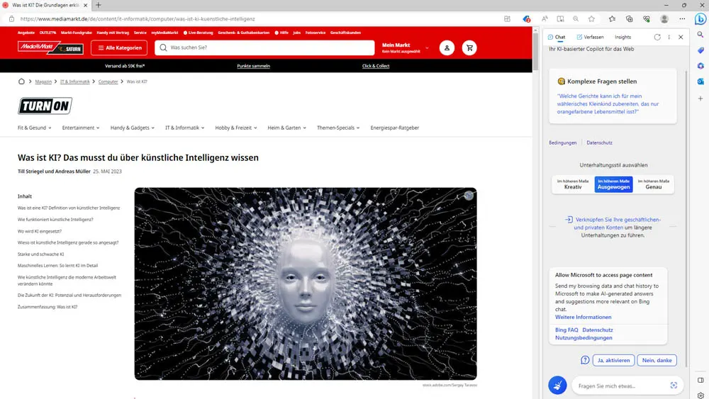 Webseite mit einem Artikel über KI, darunter ein silbernes Gesicht umgeben von weißen Pixeln auf schwarzem Grund. Rechts ein Chatfenster.