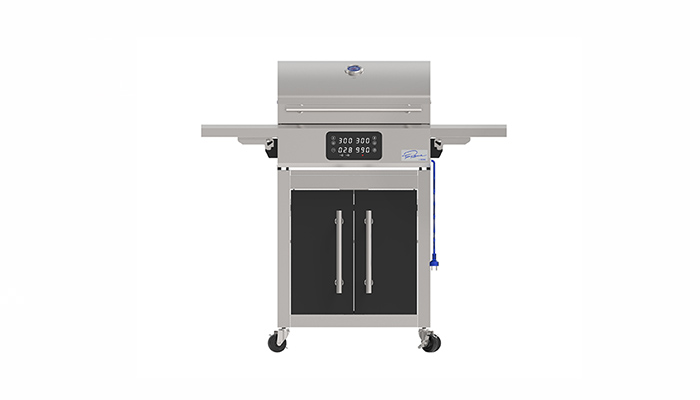 KOENIC Standgrill in Silber mit Haube, zwei Ablagen, Displayanzeige und vier Rollen. 