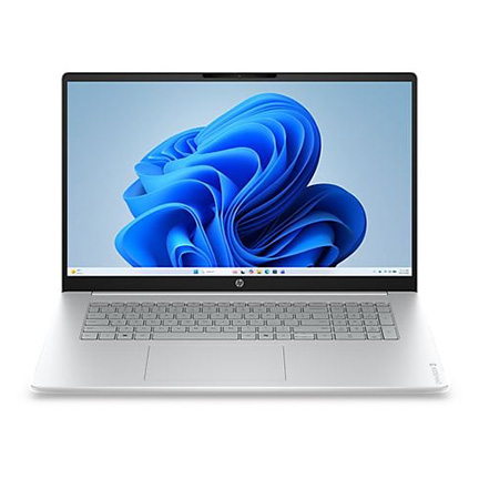 Silberner HP-Laptop mit großem Display, heller Tastatur und Windows-11-Hintergrund in blauen Farbwellen.