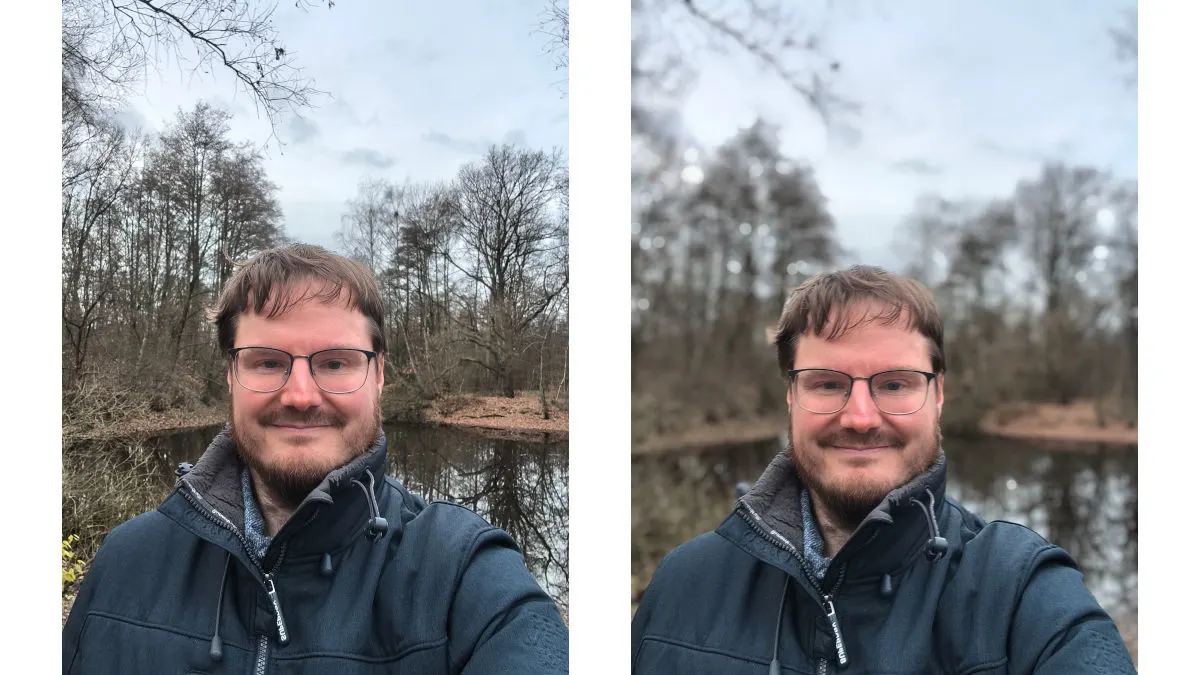 Zwei Selfies von Michael, fotografiert mit der Frontkamera des Smartphones Xiaomi 15T Pro. Links ohne Bokeh-Effekt, rechts mit Bokeh-Effekt.