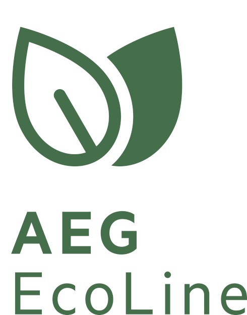 Grünes Logo mit zwei Blättern über dem grünen Text "AEG EcoLine" auf weißem Hintergrund.