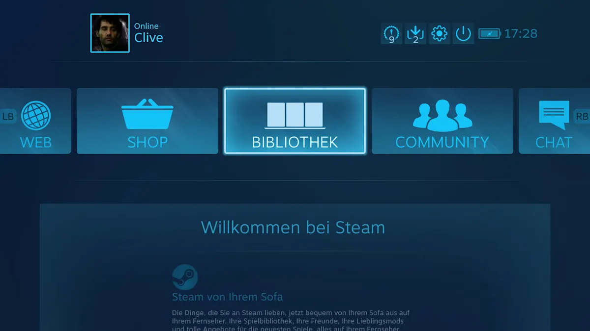 Blauer Steam-Startbildschirm mit Menüpunkten Web, Shop, Bibliothek, Community und Chat. Oben rechts Uhrzeit 17:28.