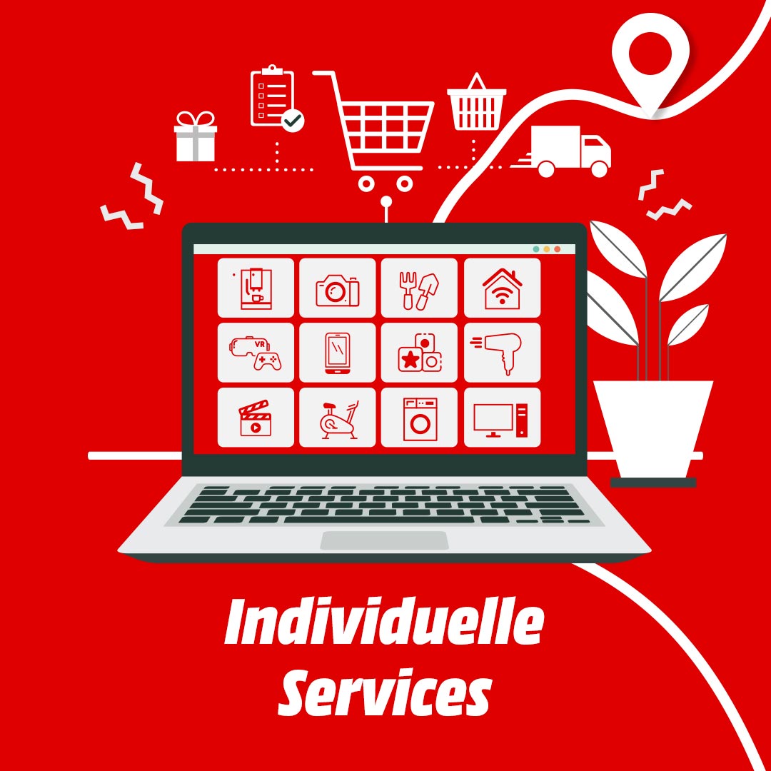 Roter Hintergrund mit weißem Laptop, der verschiedene Service-Symbole auf dem Bildschirm zeigt. Pflanze, Warenkorb, LKW und Text unten.