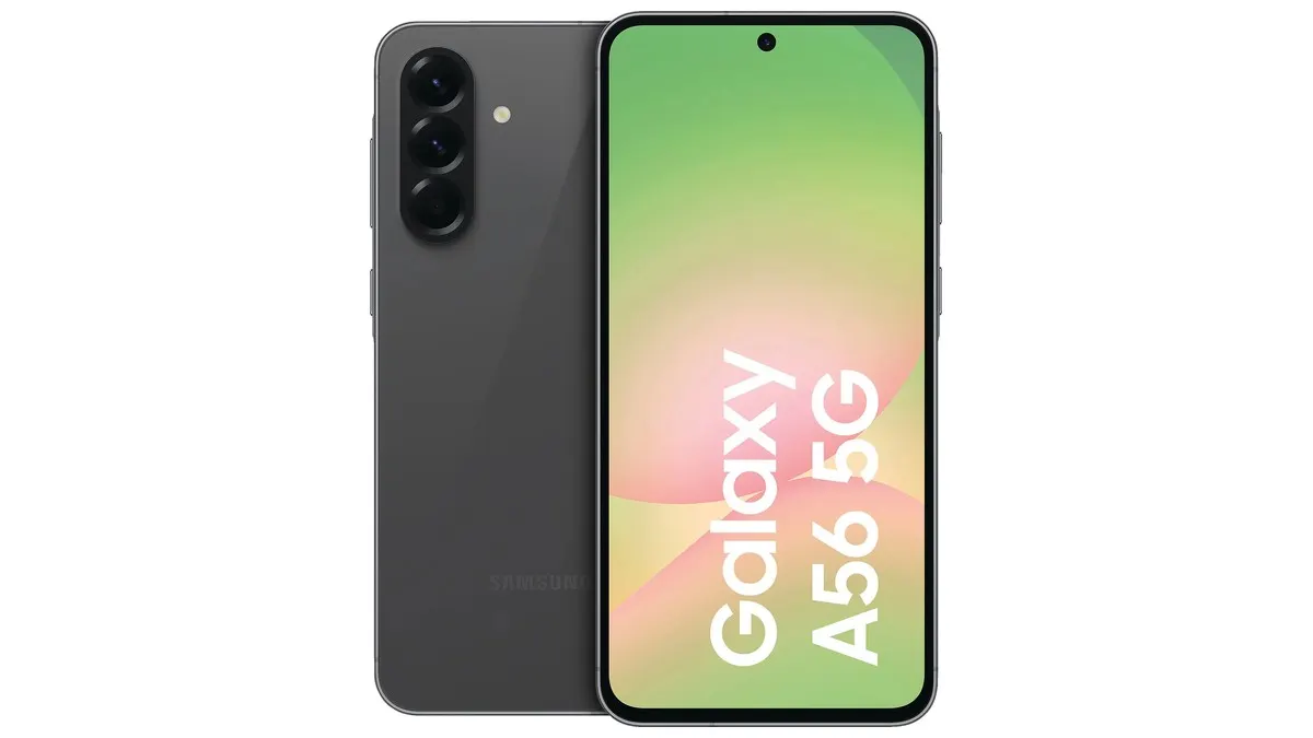 Zwei graue Smartphones stehen nebeneinander. Das eine hat drei Kameralinsen und das andere einen Bildschirm mit der Aufschrift "Galaxy A56 5G".