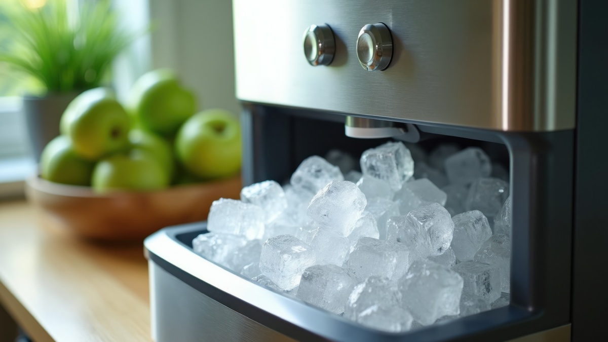Ein Eiswürfelbereiter mit geöffnetem Fach mit Eiswürfeln steht auf einer Holzarbeitsplatte neben einer Schale mit Äpfeln.