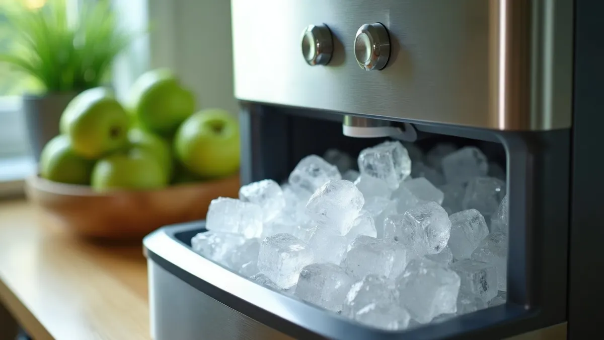 Ein Eiswürfelbereiter mit geöffnetem Fach mit Eiswürfeln steht auf einer Holzarbeitsplatte neben einer Schale mit Äpfeln.