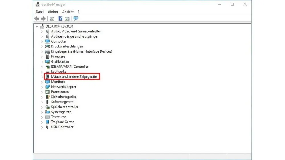 Geräte-Manager-Fenster zeigt eine Liste von Hardwarekategorien, wobei "Mäuse und andere Zeigegeräte" hervorgehoben ist.