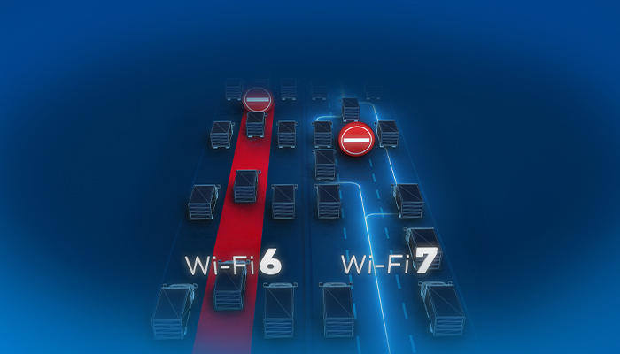 Auf blauem Grund zeigen Netzwerk-Icons Wege mit Wi-Fi 6 (rot) und Wi-Fi 7 (blau) Kennzeichnungen. Rote Verbotszeichen sind zu sehen.