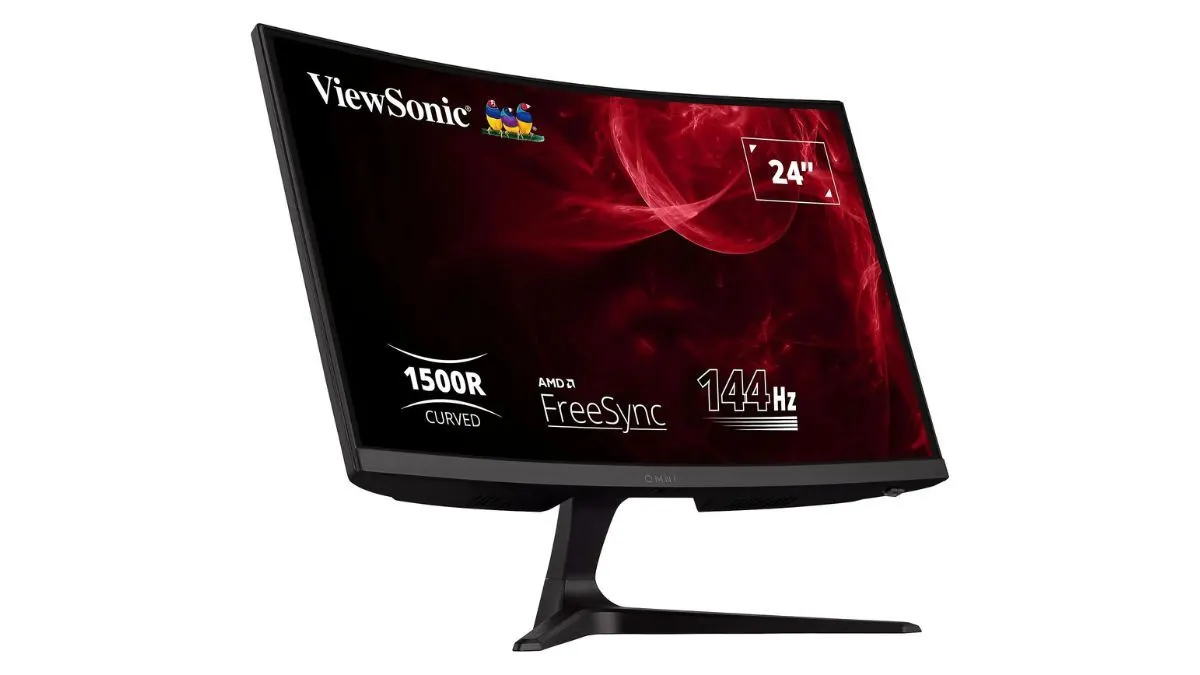 Ein schwarzer, gebogener 24-Zoll-Computermonitor steht auf einem schwarzen Sockel vor einem weißen Hintergrund. Auf dem Bildschirm steht ViewSonic.
