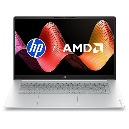 Silberner HP-Laptop mit großem Bildschirm, darauf HP- und AMD-Logo vor farbigem Wellenmuster.