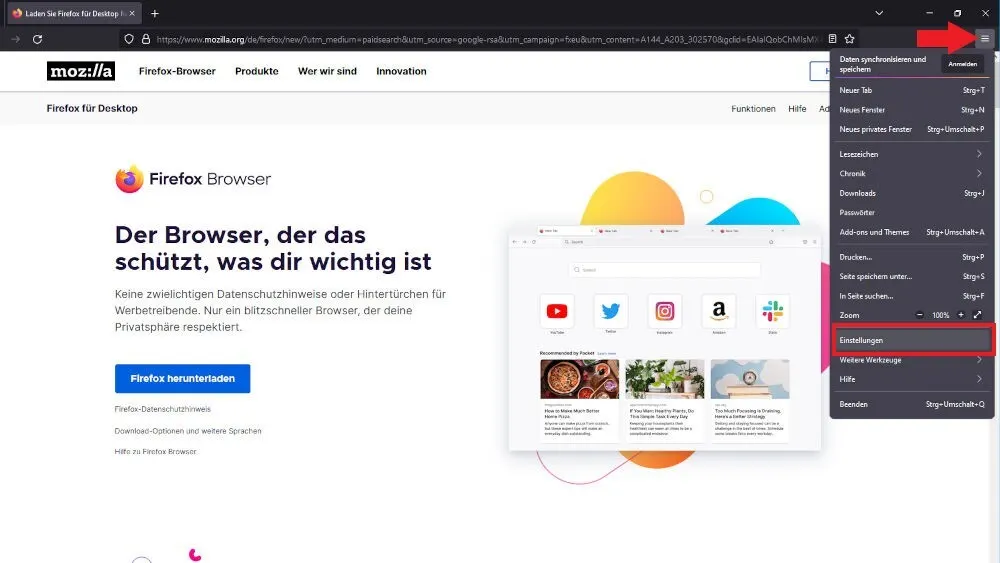 Ein Browserfenster mit der Firefox-Startseite und einem Menü, das auf "Einstellungen" zeigt. Pfeil markiert Menüsymbol.
