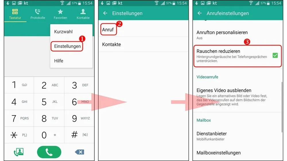 Drei Screenshots eines Android-Telefons zeigen Einstellungen für Anrufe, einschließlich der Rauschunterdrückung.