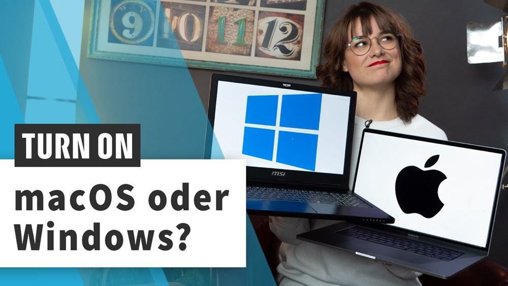 Eine Frau hält Laptops mit Logos von Windows und Apple. Auf dem Banner steht: "TURN ON macOS oder Windows?".