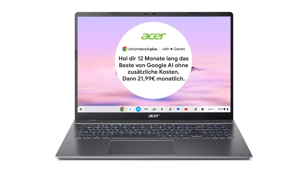 Das Chromebook Acer Chromebook Plus 516 vor weißem Hintergrund.