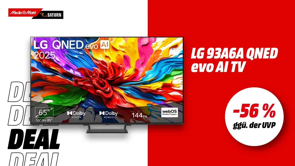 Der LG QNED-Fernseher und Hinweis auf 56 Prozent Rabatt gegenüber der UVP.