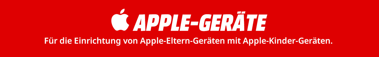 Roter Hintergrund mit weißem Text "APPLE-GERÄTE" und darunter "Für die Einrichtung von Apple-Eltern-Geräten mit Apple-Kinder-Geräten".