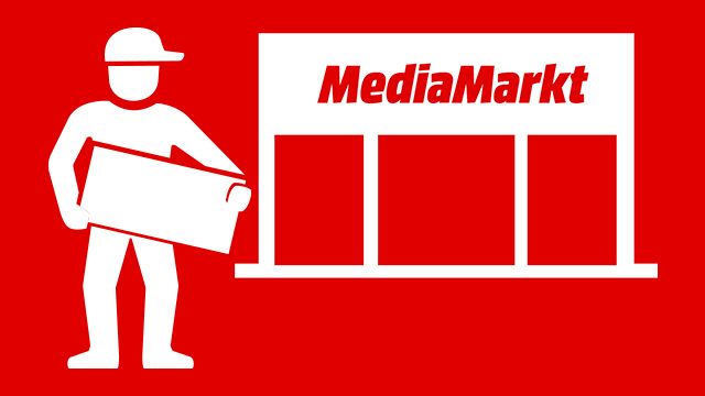 Auf rotem Grund ist ein weißes Mediamarkt-Logo zu sehen, das einen Lieferanten und den Schriftzug des Elektrofachmarktes zeigt.