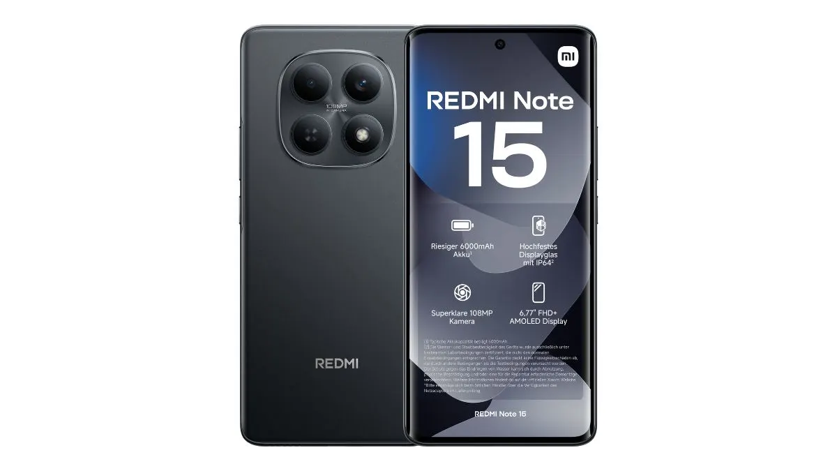 Das Smartphone Xiaomi Redmi Note 15 4G vor weißem Hintergrund.