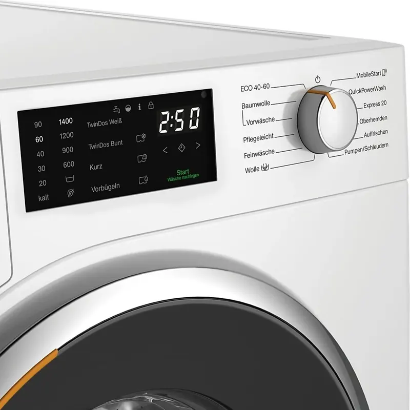 Programme Detailaufnahme vom Bedienfeld der MIELE WWG880 WCS PWash&TDos&Steam W1 Waschmaschine mit digitalem Display und Programmwähler.