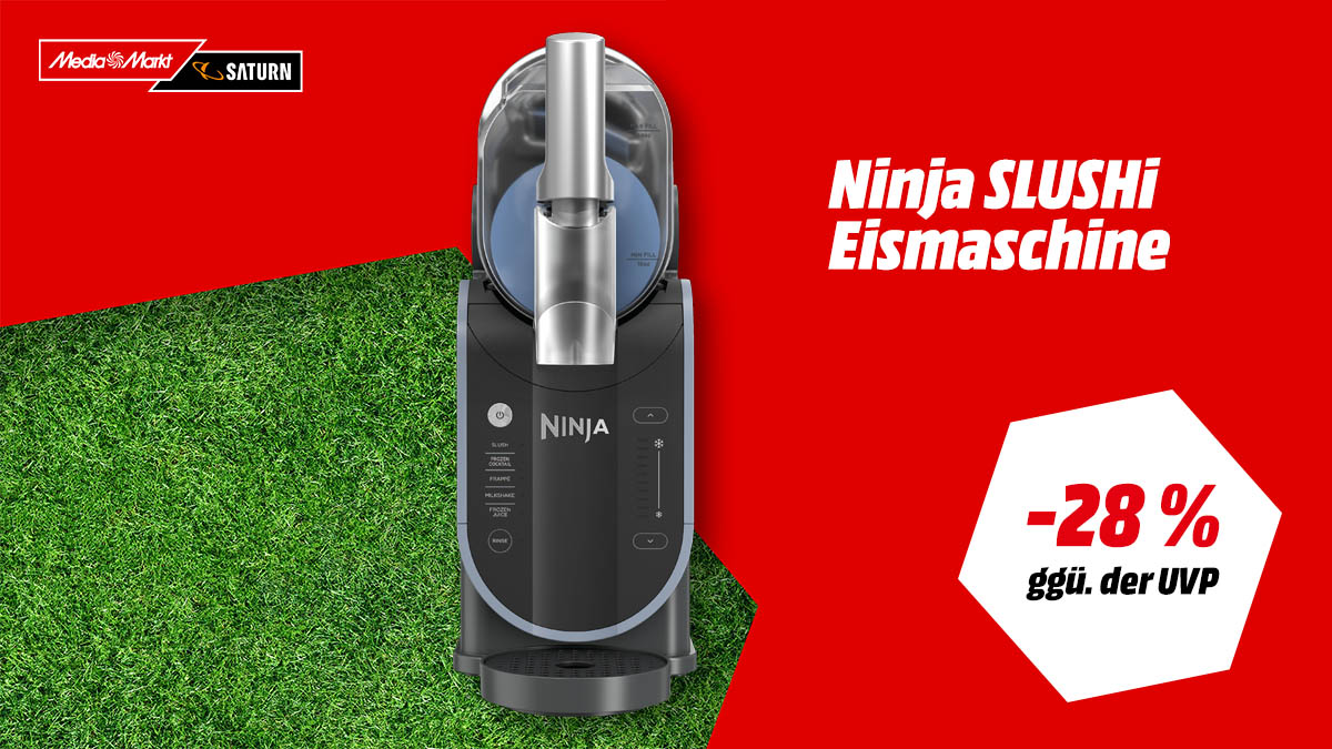 Die Ninja SLUSHi Eismaschine und Hinweis auf 28 Prozent Rabatt ggü. der UVP.